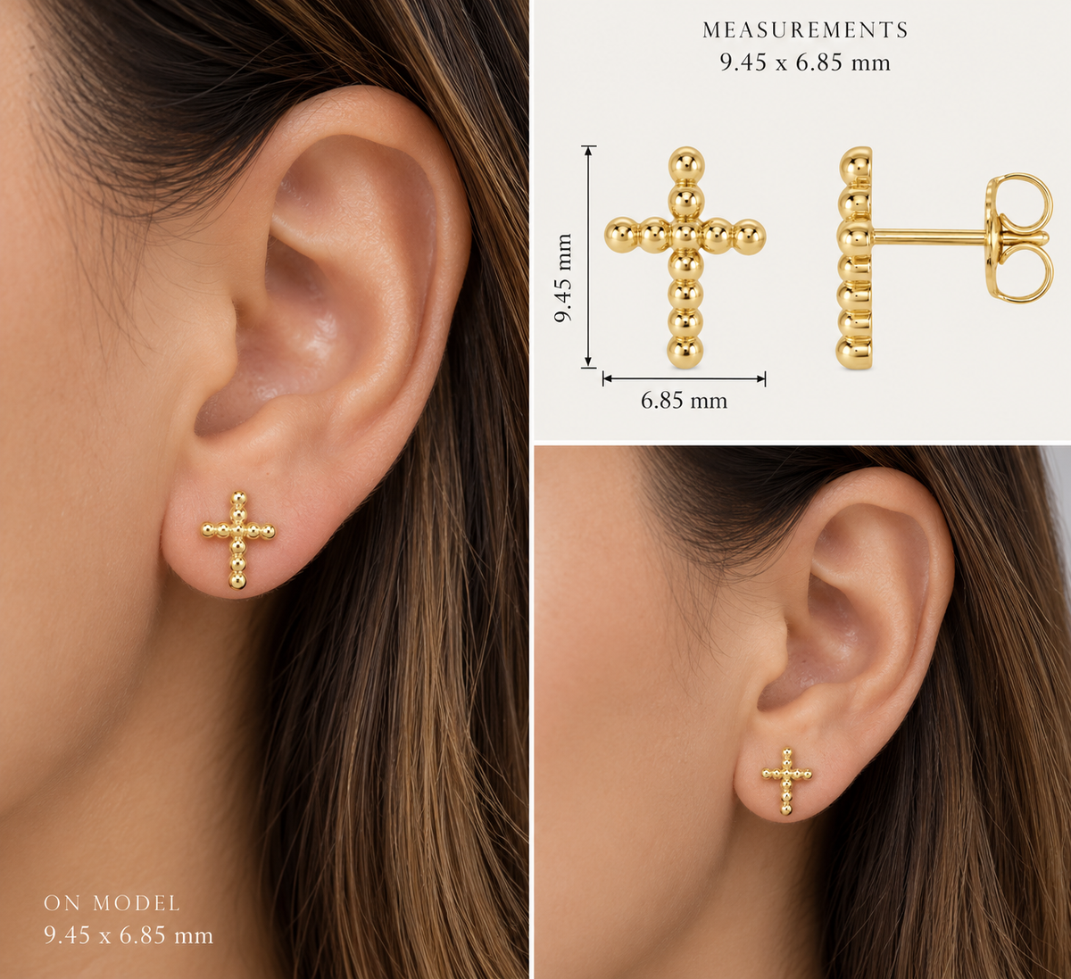 14K Beaded Cross Earrings