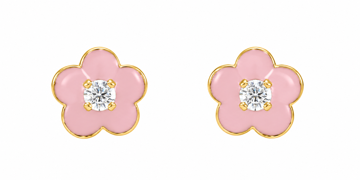 14K Yellow Gold Pink Enamel Flower Earrings