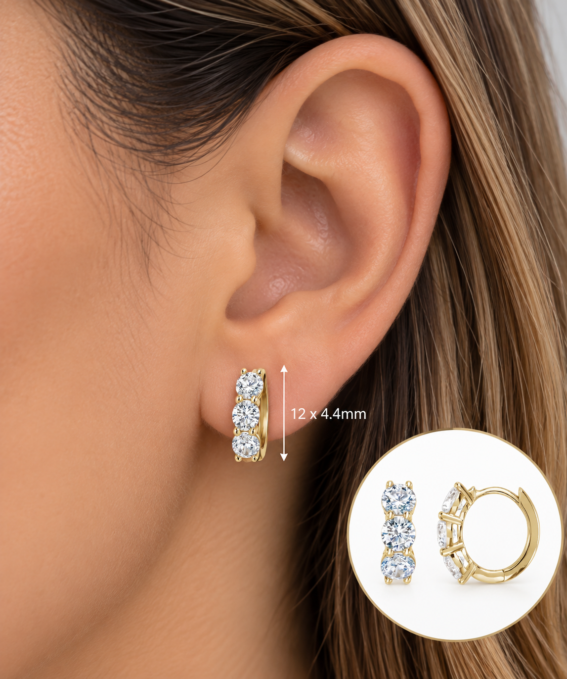 14K 3 Diamond Hoop Earrings