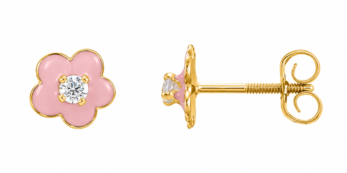 14K Yellow Gold Pink Enamel Flower Earrings