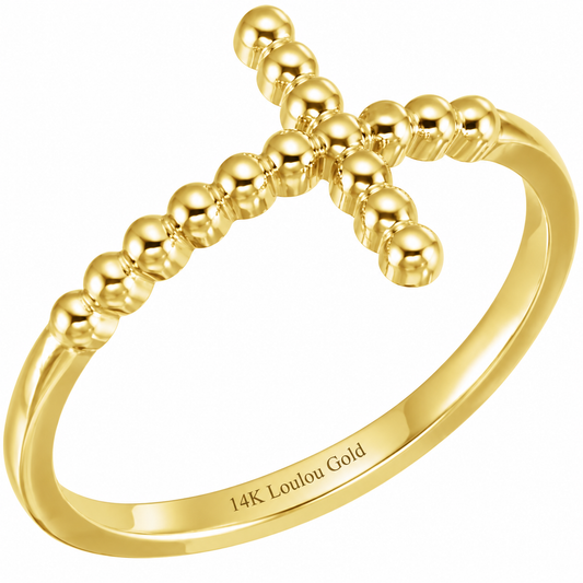 14K Gold Beaded Cross Ring
