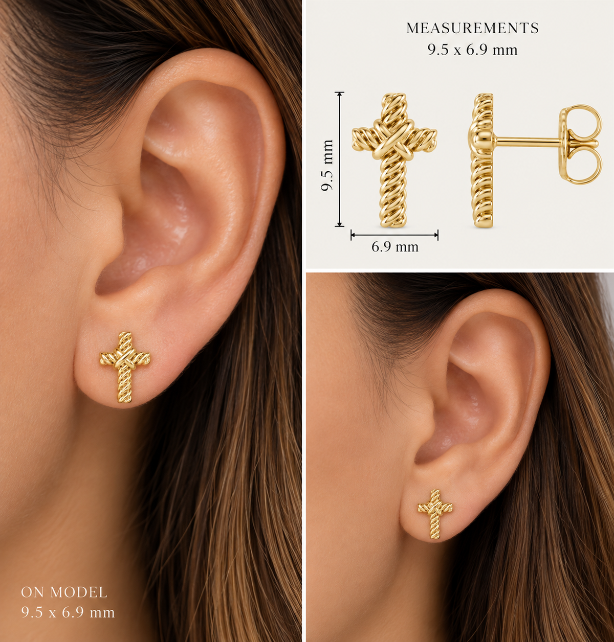 14K Gold Rope Cross Earring