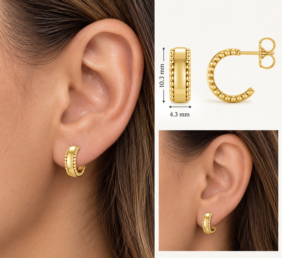 14K Gold Beaded Hoop Earring