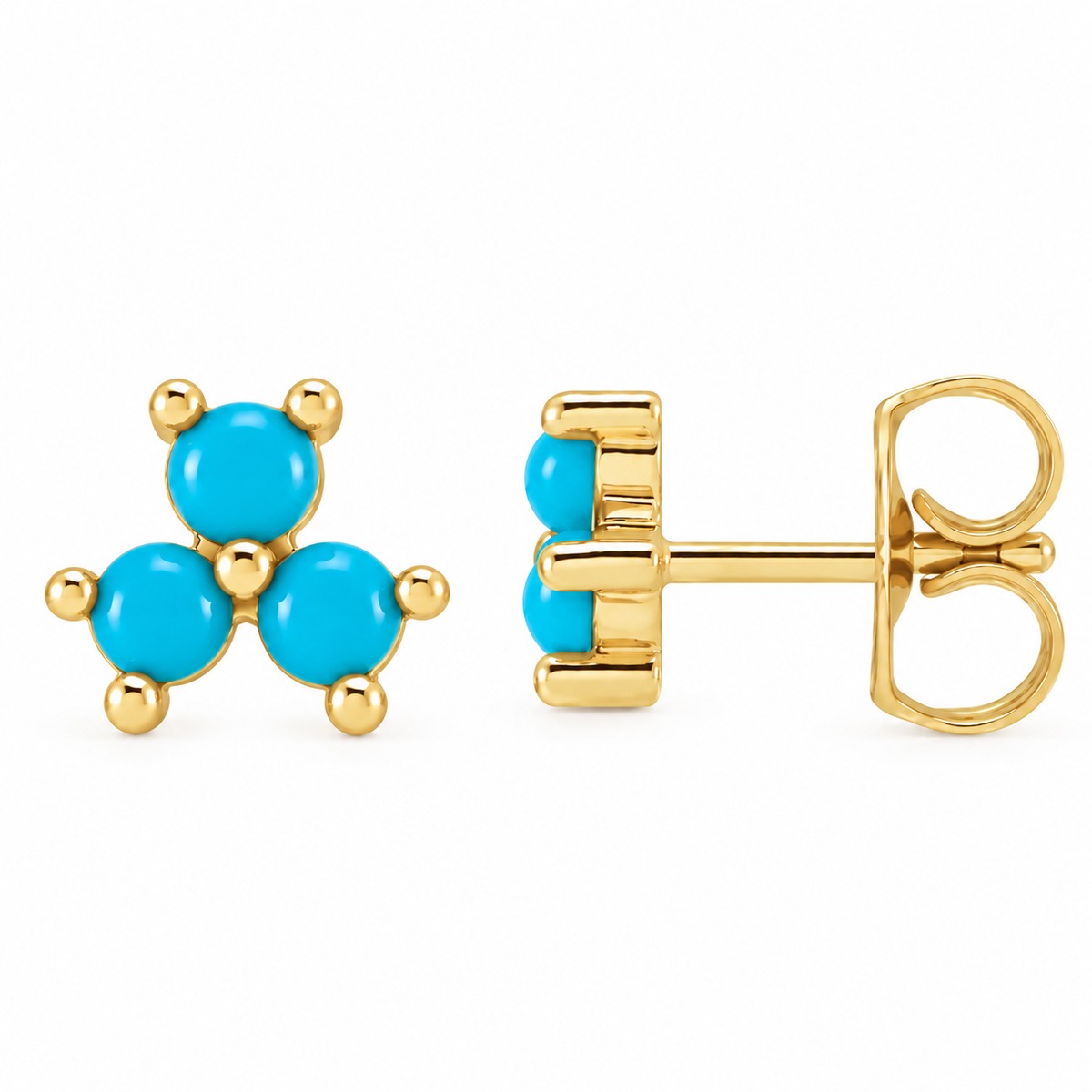 14K Turquoise Three Cabochon Stud Earrings