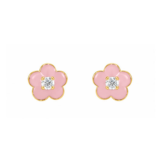 14K Yellow Gold Pink Enamel Flower Earrings